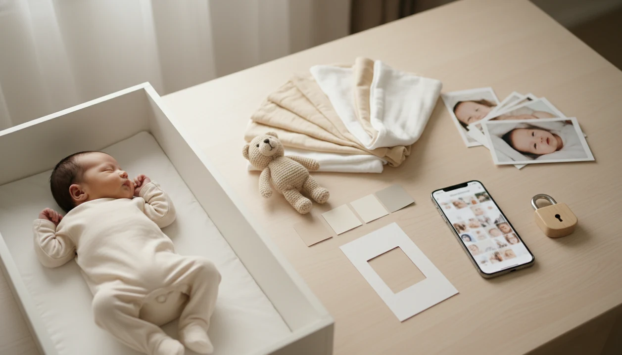 Newborn contest planning setup with soft props.